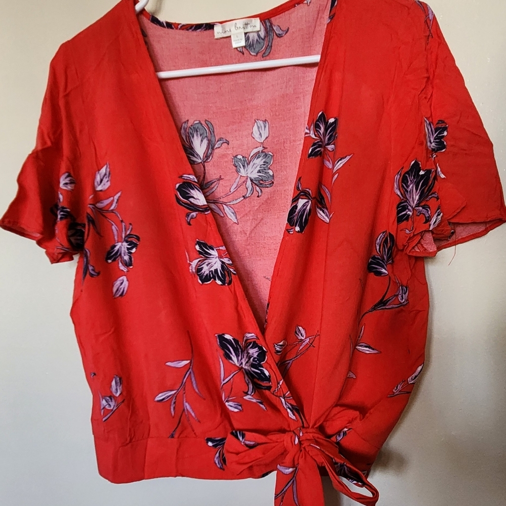 Nine Britton Red Floral Tie-Front Blouse